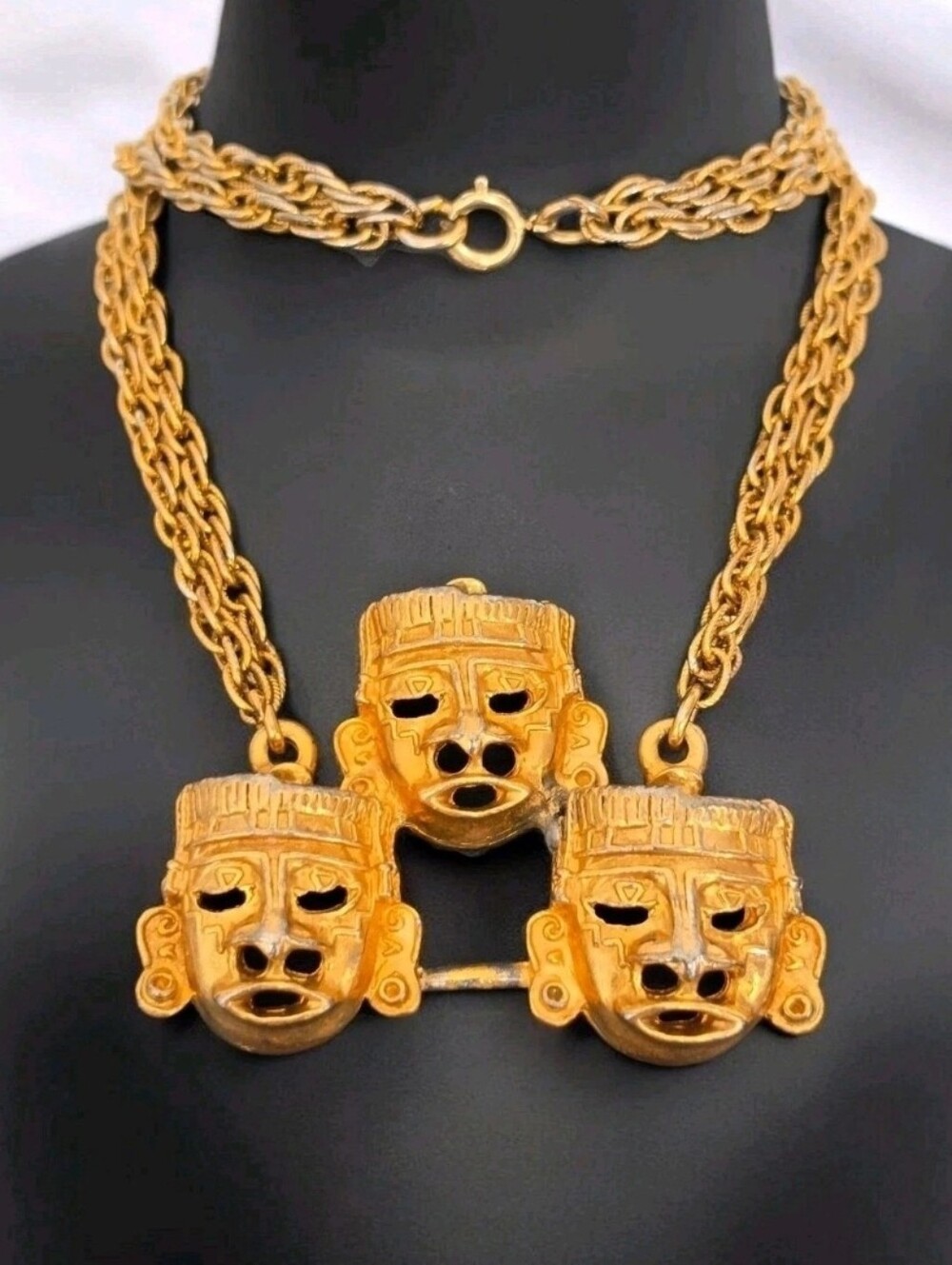 Vintage Gold Tone Xipe Totec Style Triple Mask Mesoamerican Statement Necklace